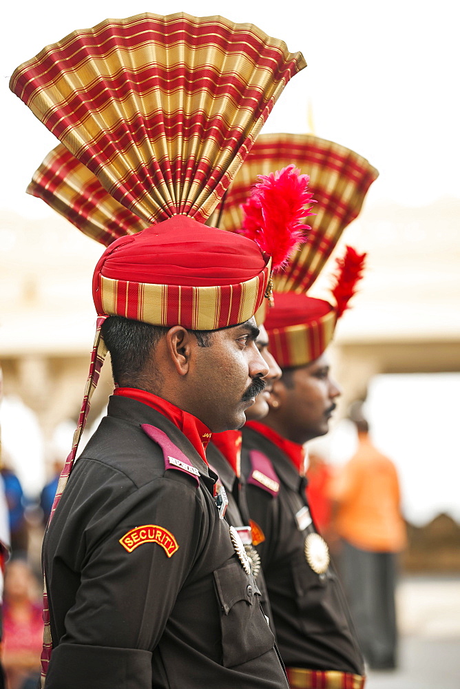 Palace guard during the changing of the guard, Udaipur, Rajasthan, India, Asia