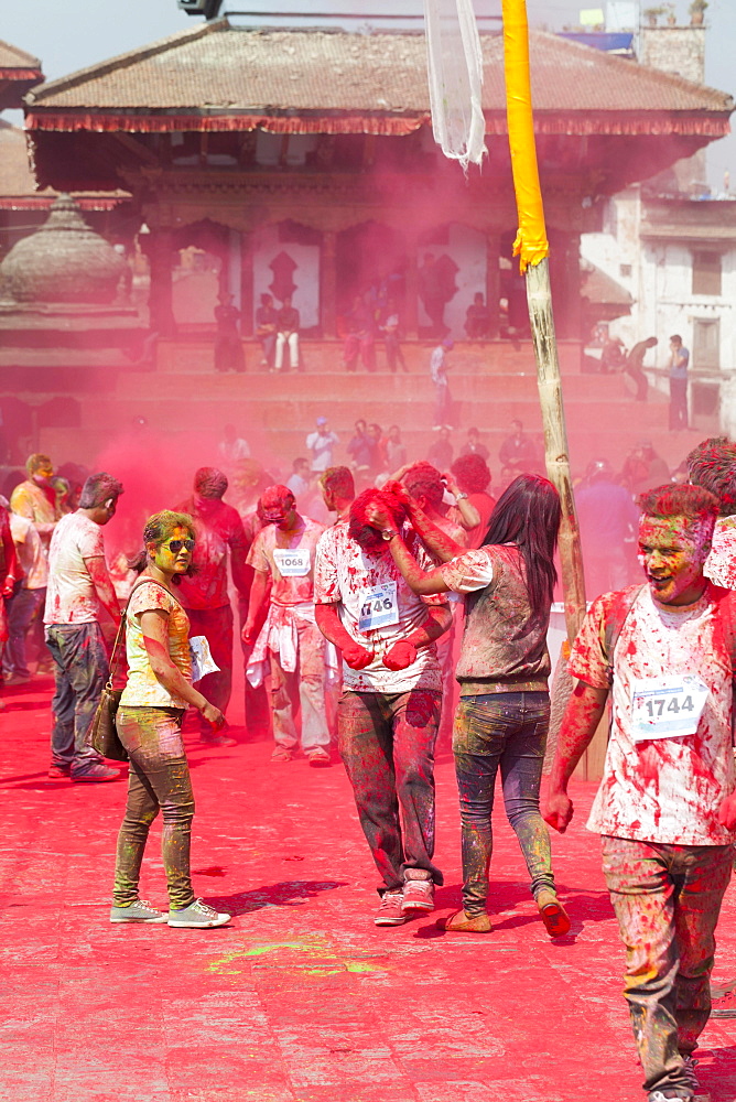 The colour run, part of the Holi festival celebrations, Kathmandu, Nepal, Asia