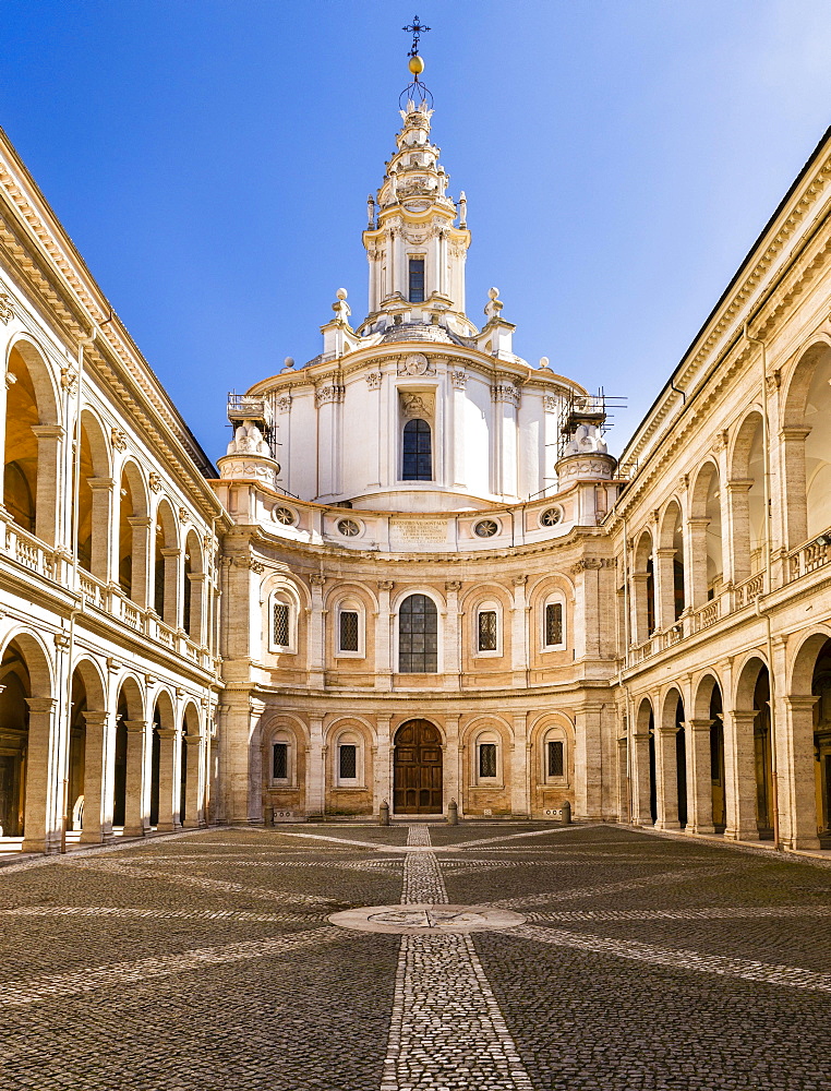 Courtyard of Studium Urbis, Cortile della Sapienza, Palazzo della Sapienza, and the baroque church of Sant'Ivo alla Sapienza by Francesco Borromini, Rome, Lazio, Italy, Europe