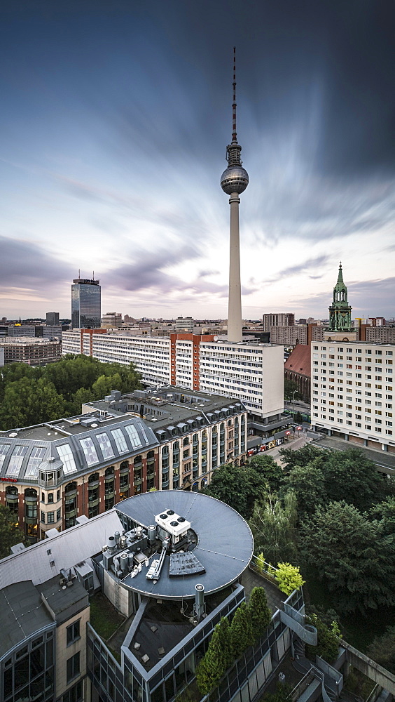 The Berlin Television Tower at Alexanderplatz from above, Berlin, Germany, Europe