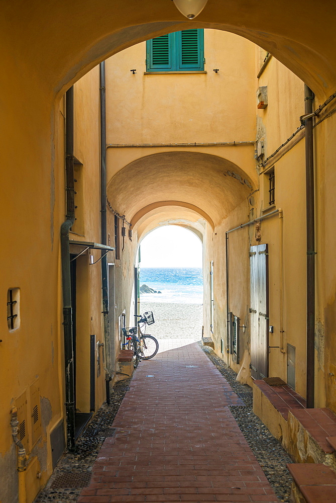 Passage in a house on the coast, Varigotti, Finale Ligure, Riviera di Ponente, Liguria, Italy, Europe