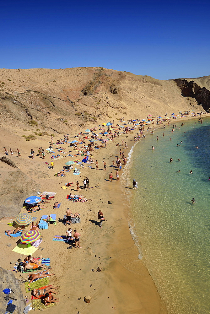 Bathing on the beach, Playas de Papagayo or Papagayo beaches, Monumento Natural de los Ajaches nature park, Lanzarote, Canary Islands, Spain, Europe