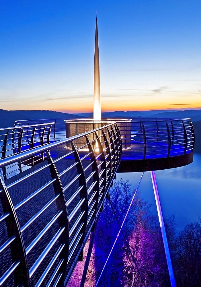 Illuminated viewing platform Biggeblick, Biggesee reservoir, Attendorn, Sauerland, North Rhine-Westphalia, Germany, Europe