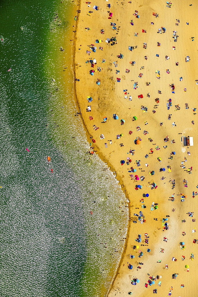 Aerial view, The most popular lido of the Ruhr area is located at the Silbersee II lake in Haltern am See, lido, turquoise water, bathers, swimming, summer feeling, Haltern am See, Ruhr area, North Rhine-Westphalia, Germany, Europe