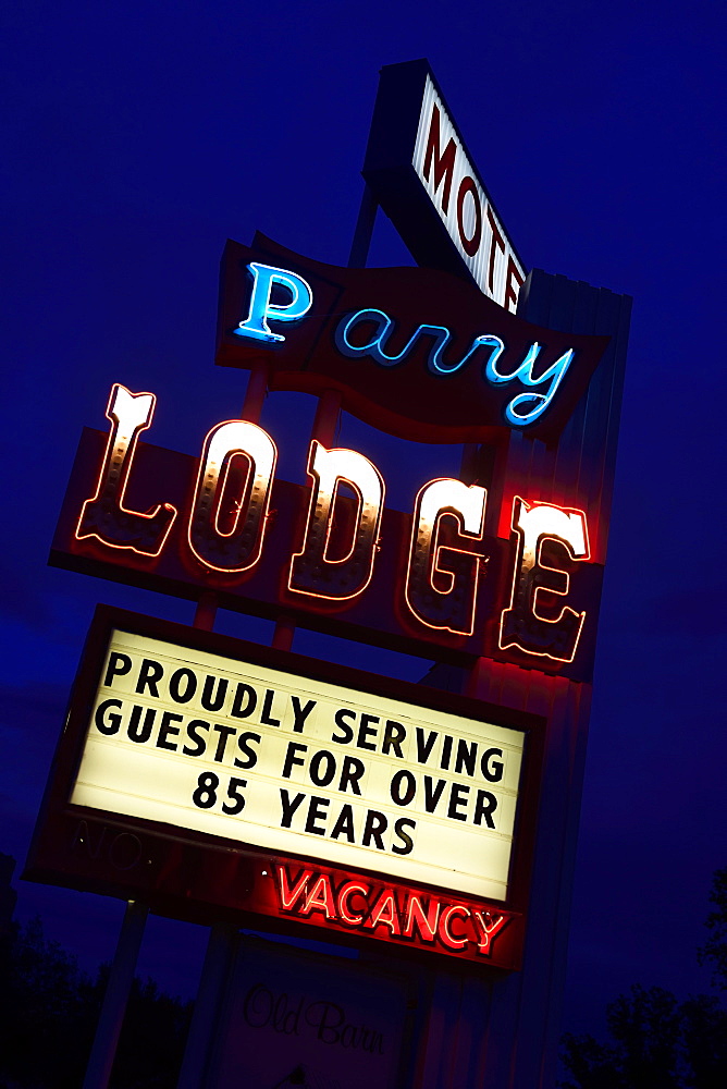 Retro neon advertising of the Parry Lodge in Kanab, Utah, USA, North America