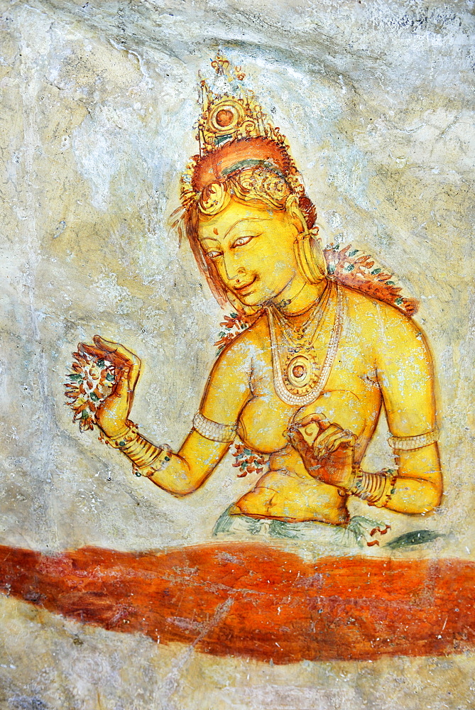 Fresco of the Cloud Girls on the Lion Rock of Sigiriya, UNESCO World Heritage Site, Sri Lanka, Asia