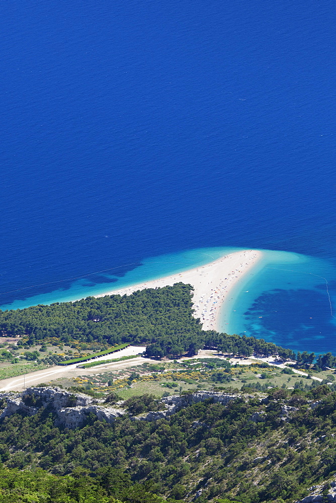 View from Vidova Gora on the town of Bol, Zlatni Rat or Golden Horn, island of Brac, Dalmatia, Croatia, Europe