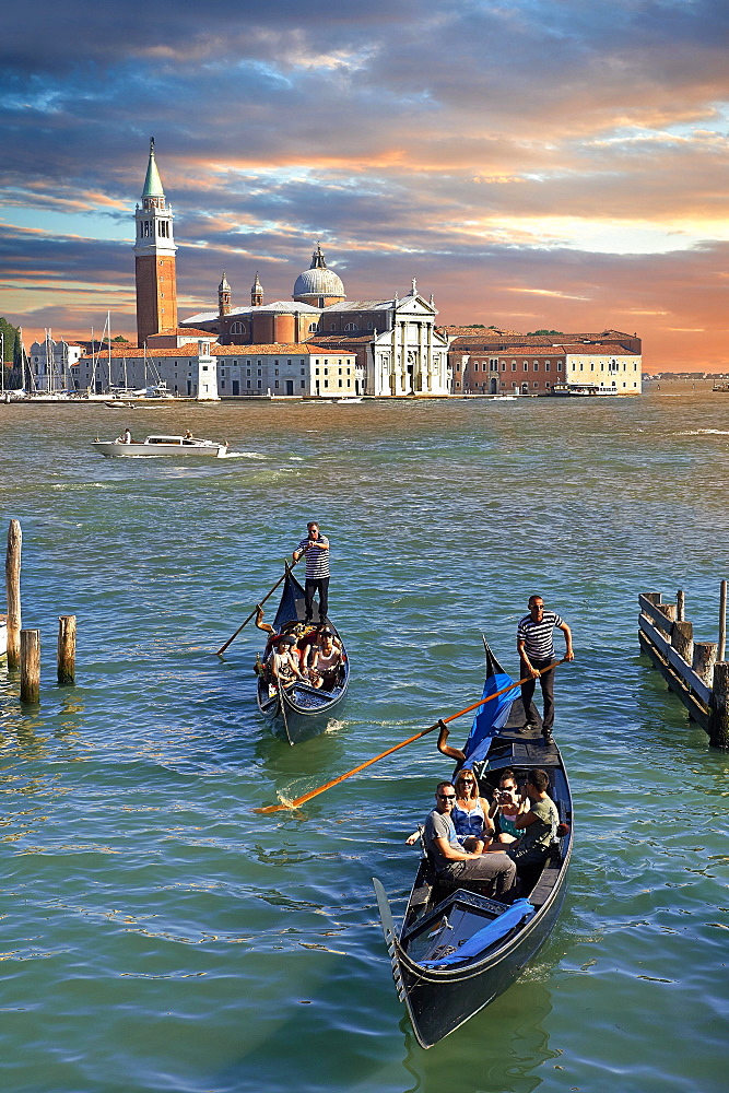 Gondolas off the island of San Giorgio Maggiore, Venice, Veneto, Italy, Europe