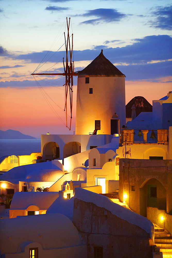 Windmill at sunset, Oia, Santorini, Cyclades, Greece, Europe