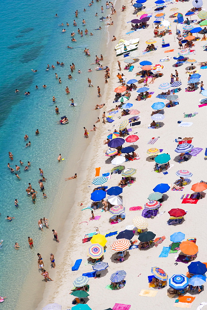 View of the beach from the terrace of Corso Vittorio Emmanuele, Tropea, Vibo Valentia, Calabria, Southern Italy, Italy, Europe