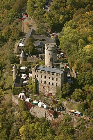 Aerial view, Pyrmont Castle Museum at the knights festival, medieval market, Pillig, Eifel mountain range, Rhineland-Palatinate, Germany, Europe