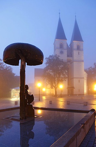 Market square with Deocar fountain and the Collegiate Church of St. Vitus and St. Deocar, in fog, Herrieden, Altmuehltal Valley, Middle Franconia, Bavaria, Germany, Europe, PublicGround