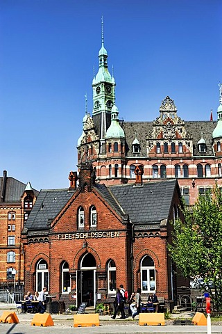 Fleetschloesschen, cafe and restaurant, and the town hall of Speicherstadt, warehouse district, Hamburg, Germany, Europe