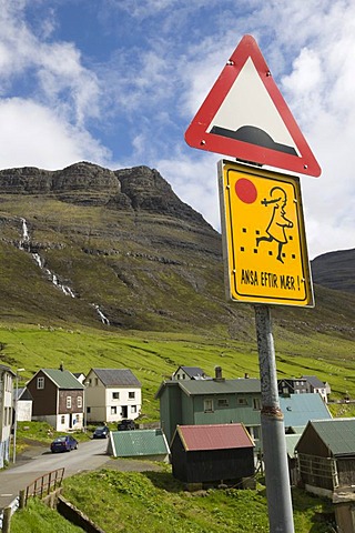 Speed hump warning sign, Caution Children sign, Faroe Islands, island group in the North Atlantic, Denmark, Northern Europe