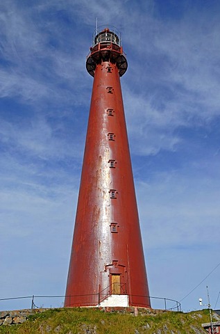 The red Andenes Lighthouse, Andenes Fyr, against a blue sky, at the northern tip of the island Andoya, the northernmost island in the archipelago of VesterÃ‚len, Vesteralen, Nordland, Norway, Europe