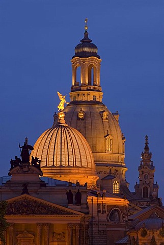 Floodlit cupola of Frauenkirche behind the glass cupola of Dresden Academy of Fine Arts at the blue hour in the evening, Dresden, Saxony, Germany, Europe