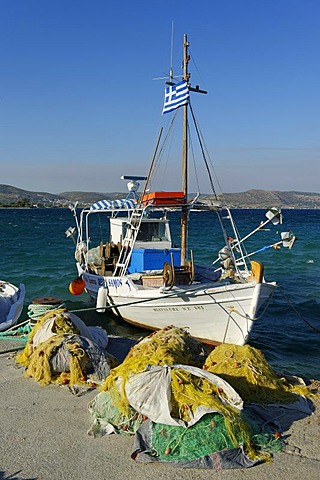 Fishing boat in the harbor of Ireon Iraio Samou, Samos island, southern Sporades, Aegean sea, Greece, Europe