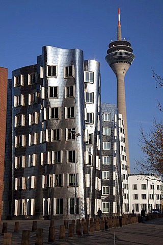 Gehry buildings by architect Frank O. Gehry, Rheinturm tower, Neuer Zollhof, Medienhafen harbour, Duesseldorf, state capital, Rhineland, North Rhine-Westphalia, Germany, Europe, PublicGround