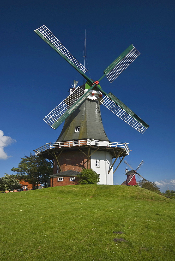 Twin windmills of Greetsiel, Dutch gallery windmill, western windmill at front, tea rooms, Krummhoern, landmark of Greetsiel, Lower Saxony, East Frisia, Germany, Europe