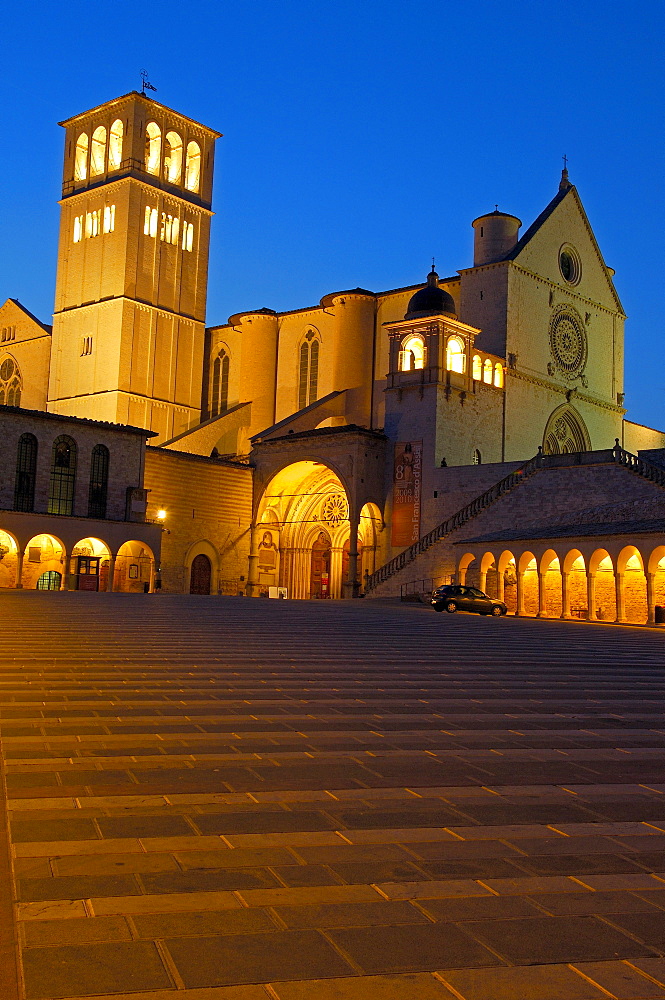 Basilica di San Francesco, Basilica of Saint Francis, at dusk, UNESCO World Heritage site, Assisi, Perugia province, Umbria, Italy, Europe