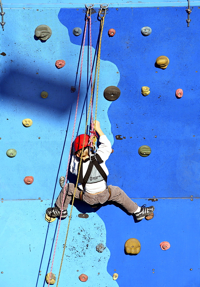 Child climbing on a climbing wall, secured with rope, Essen, Germany, Europe