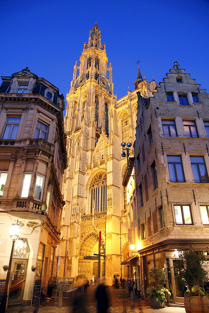 Guild houses, gabled houses, narrow alley, view of the cathedral, historic centre of Antwerp, Flanders, Belgium, Europe