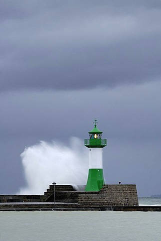 Waves breaking at the lighthouse of Sassnitz, Ruegen, Mecklenburg-Western Pomerania, Germany, Europe