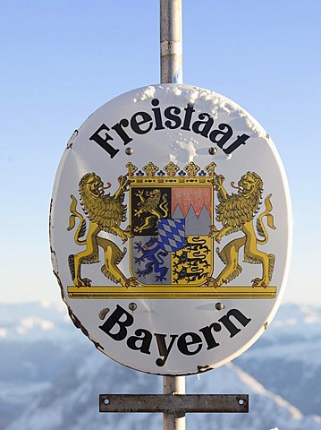 Sign, Freistaat Bayern, Free State of Bavaria, at the summit of Zugspitze Mountain, Bavaria, Germany, Europe