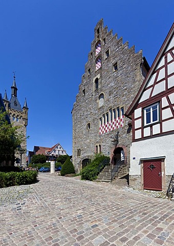 Steinhaus Historical Museum with the Blue Tower at the rear, historic town centre of Bad Wimpfen, Neckartal, Baden-Wuerttemberg, Germany, Europe, PublicGround