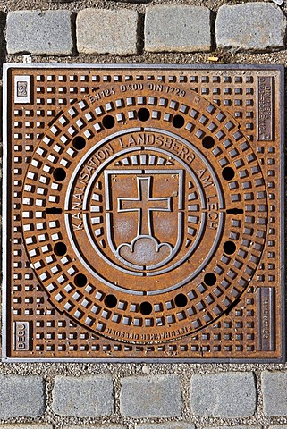 Manhole cover with historic coat of arms of the town Landsberg, Landsberg am Lech, Bavaria, Germany, Europe, PublicGround