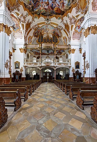 Inner hall with frescoes by C. Thomas Scheffler, Heilig-Kreuz-Kirche church, Landsberg am Lech, Bavaria, Germany, Europe