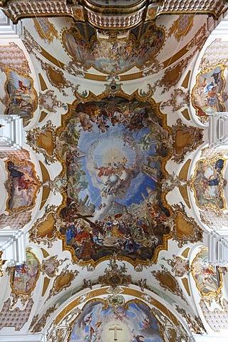 Inner hall with frescoes by C. Thomas Scheffler, Heilig-Kreuz-Kirche church, Landsberg am Lech, Bavaria, Germany, Europe