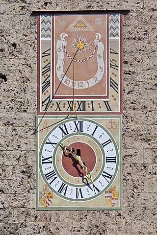 Sundial on the gatehouse of Kloster Wessobrunnn Abbey, Pfaffenwinkel, Upper Bavaria, Bavaria, Germany, Europe