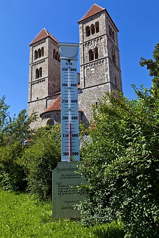 Fund raising or donations barometer in front of St. Michael's basilica, 1180, late Romanesque tufa stone building, Altenstadt, Upper Bavaria, Bavaria, Germany, Europe, PublicGround