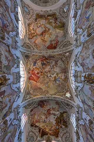 Ceiling paintings in the magnificent parish church of St. John the Baptist, old Premonstratensian abbey church, Steingaden, Upper Bavaria, Bavaria, Germany, Europe