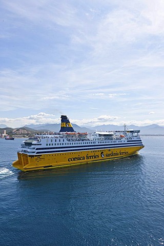 A ferry of Corsica Ferries leaving the port of Ajaccio, Corsica, France, Europe