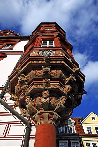 A two-storey polygonal Coburg oriel on the Stadthaus building, Renaissance building, built from 1597 to 1601, seen from below, market square, Coburg, Upper Franconia, Bavaria, Germany, Europe