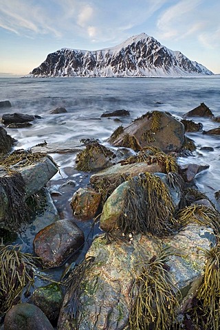 Evening mood at Skagsanden, beach near Flakstad, Flakstadsoya, Lofoten Islands, Nordland, Norway, Europe