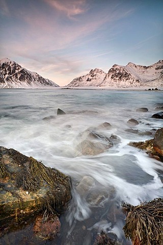 Evening mood at Skagsanden, beach near Flakstad, Flakstadsoya, Lofoten Islands, Nordland, Norway, Europe