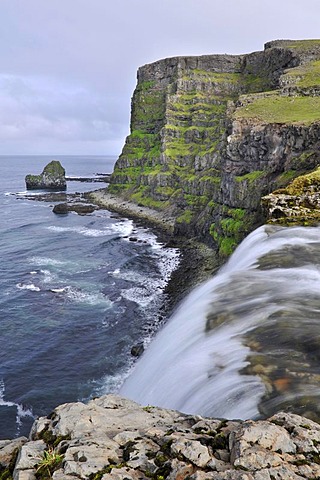 Drifandi waterfall, Drifandisbjarg, east coast of Hornstrandir, Westfjords, Iceland, Europe