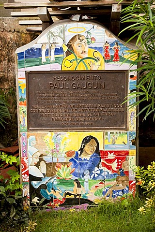 Memorial stone commemorating the visit of the painter Paul Gauguin on the island of Isla Taboga, Panama, Central America