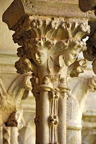 Columns with ornate capitals in the cloister of the Gothic basilica of the Cistercian monastery Fossanova Abbey, near Priverno, Lazio, Italy, Europe