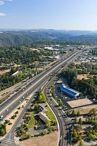 Interstate 80 highway, heading south, aerial view east of Sacramento, Auburn, California, USA, North America