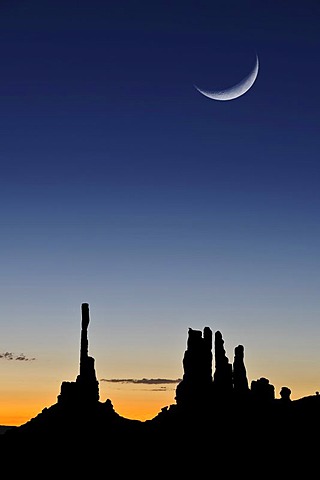 Totem Pole rock formation and Yei Bi Chei, moon, Monument Valley, Navajo Tribal Park, Navajo Nation Reservation, Arizona, Utah, United States of America, USA, composite