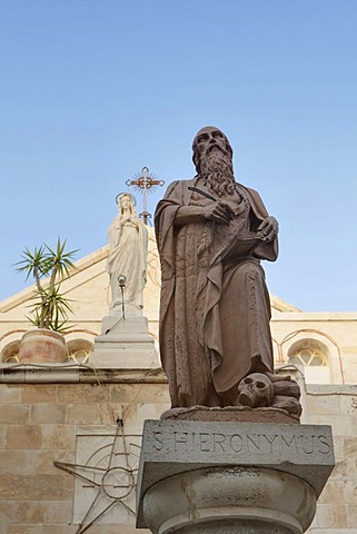 Statues of St. Jerome and St. Catherine at the Church of St. Catherine, Bethlehem, West Bank, Palestine, Western Asia