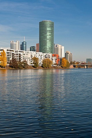 Westhafen Tower, high-rise building in Frankfurt nicknamed "Das Gerippte", resembling the structure of a typical cider glass, or "Aeppelwoi-Turm", German for "cider tower", Hessen, Germany, Europe