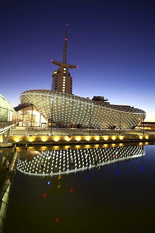 Klimahaus building, Conference Center, Sail City, Havenwelten, twilight, Bremerhaven, Weser River, North Sea, Lower Saxony, Germany, Europe, PublicGround