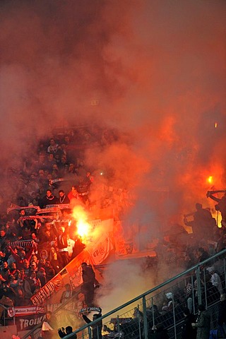 Pyrotechnics, fireworks, riots, fire, grandstand, Wirsol Rhein-Neckar Arena stadium, Sinsheim Hoffenheim, Baden-Wuerttemberg, Germany, Europe