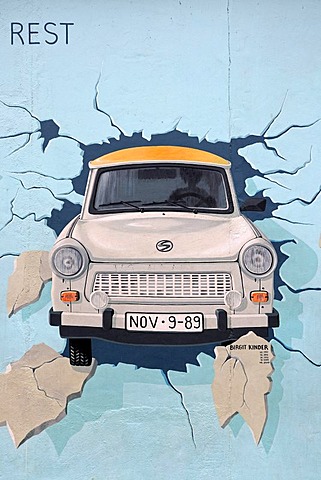 Test the Rest, Trabant breaking through the Berlin Wall, by Birgit Kinder, painting on the Berlin Wall, East Side Gallery, Berlin, Germany, Europe