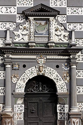 Renaissance portal with sculptural decoration, "Haus zum Stockfish" town museum, Erfurt, Thuringia, Germany, Europe